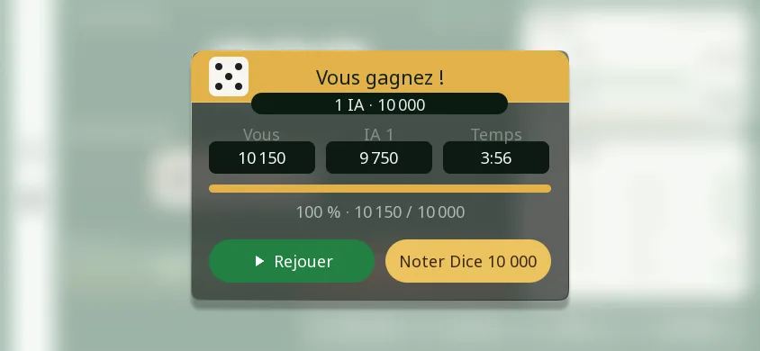 Fin d’une partie sur téléphone : l’écran de victoire avec les totaux des deux joueurs.